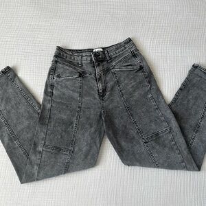 Washed grey denim high rise tapered jeans